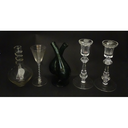 252 - Assorted glass items to include a pair of cut glass candlesticks, a green glass oil and vinegar bott... 