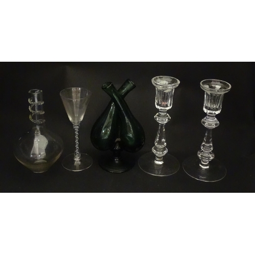 252 - Assorted glass items to include a pair of cut glass candlesticks, a green glass oil and vinegar bott... 