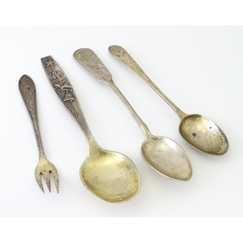 466 - An 18thC Irish silver spoon. Together with a Russian .875 silver spoon and fork, and an Icelandic Ch... 