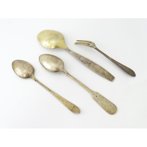 466 - An 18thC Irish silver spoon. Together with a Russian .875 silver spoon and fork, and an Icelandic Ch... 