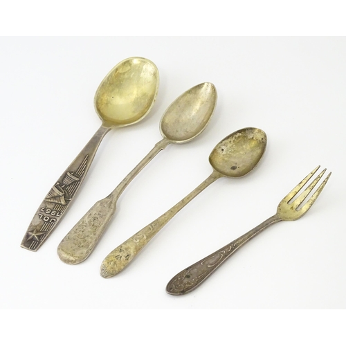 466 - An 18thC Irish silver spoon. Together with a Russian .875 silver spoon and fork, and an Icelandic Ch... 