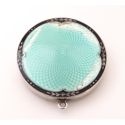 491 - An Art Deco silver compact with guilloche enamel decoration to lid, hallmarked Birmingham 1926, make... 