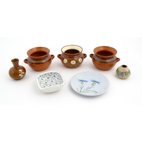 133 - A quantity of assorted ceramics to include three Swedish Nittsjo twin handled pots, a plate with han... 