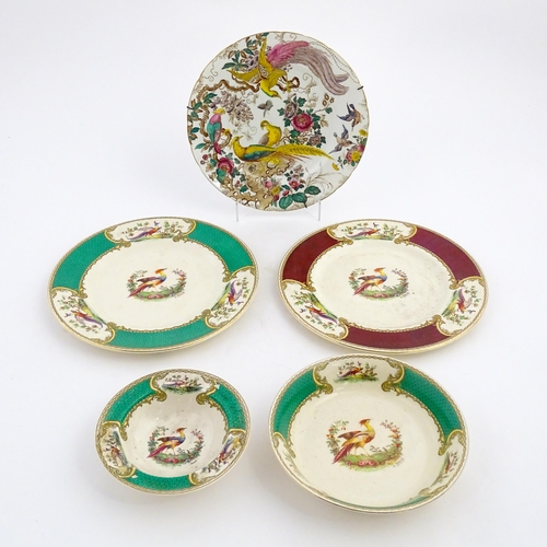 140 - A Royal Crown Derby plate decorated in the Olde Aves pattern. Together with three Myott plates and a... 