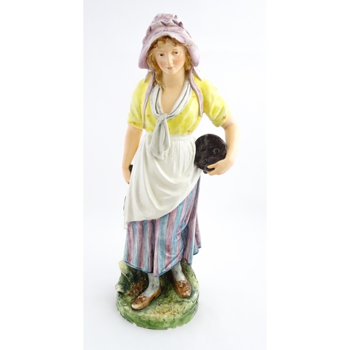 143 - A large Continental model of a milk maid with stool. Impressed under 11058. Approx. 37 1/2