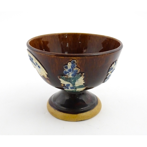 151 - A Victorian Measham bargeware pedestal bowl decorated with flowers and foliage, with a plaque titled... 