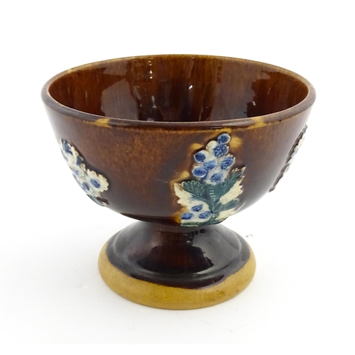 151 - A Victorian Measham bargeware pedestal bowl decorated with flowers and foliage, with a plaque titled... 