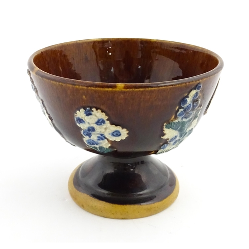 151 - A Victorian Measham bargeware pedestal bowl decorated with flowers and foliage, with a plaque titled... 