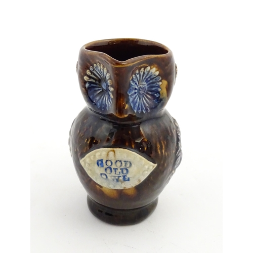 158 - A Victorian Measham bargeware novelty jug formed as an owl bearing plaque titled Good Old Owl. Appro... 