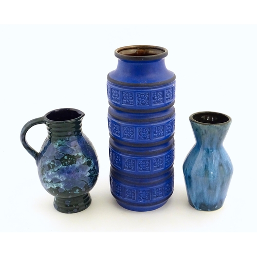 179 - Three West German vases to include a blue Scheurich vase of cylindrical form wth banded relief detai... 