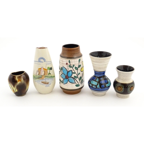 186 - Five assorted West German / Austrian vases to include hand painted examples, a vase with a flared ri... 