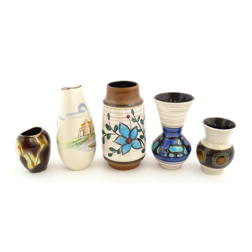 186 - Five assorted West German / Austrian vases to include hand painted examples, a vase with a flared ri... 