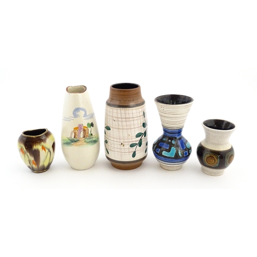 186 - Five assorted West German / Austrian vases to include hand painted examples, a vase with a flared ri... 