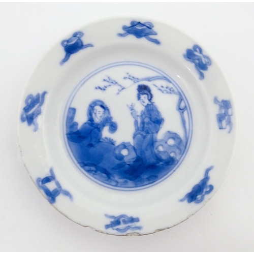 22 - A small Chinese blue and white dish decorated with figures in a landscape bordered by auspicious sym... 