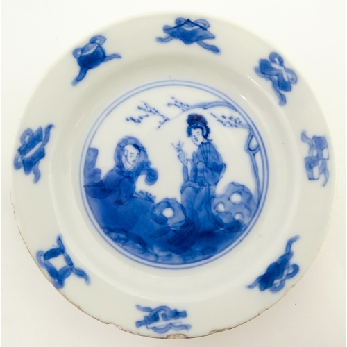 22 - A small Chinese blue and white dish decorated with figures in a landscape bordered by auspicious sym... 