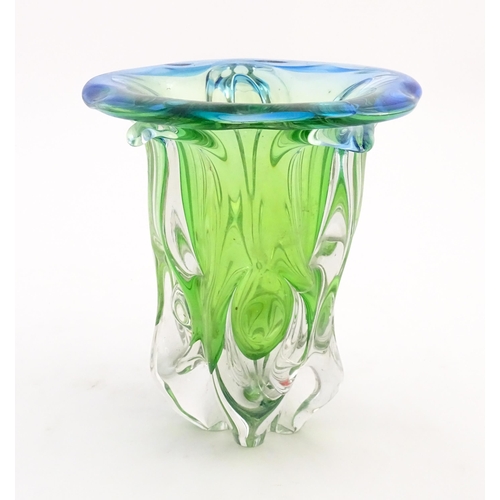 224 - A Bohemian studio glass vase with green and blue detail, in the manner of Josef Hospodka for Chribsk... 