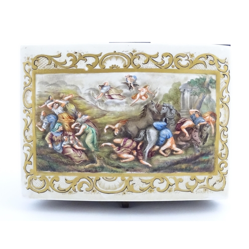 72 - A Capodimonte porcelain casket / box decorated in relief with Bacchanalian scenes, to include huntin... 