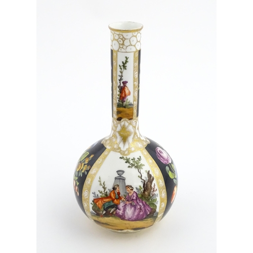 76 - A Dresden bottle vase decorated with couples in garden landscapes, and floral sprays. Bears Augustus... 