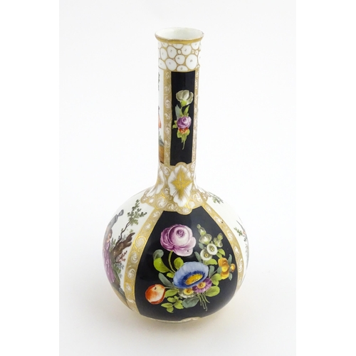 76 - A Dresden bottle vase decorated with couples in garden landscapes, and floral sprays. Bears Augustus... 