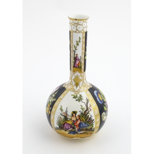 76 - A Dresden bottle vase decorated with couples in garden landscapes, and floral sprays. Bears Augustus... 