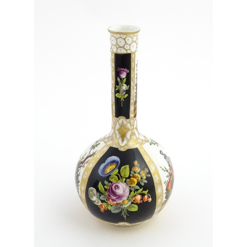 76 - A Dresden bottle vase decorated with couples in garden landscapes, and floral sprays. Bears Augustus... 