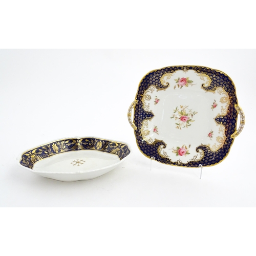 84 - A Derby dish of shaped form with cobalt blue border with gilt foliate decoration. Together with a Co... 