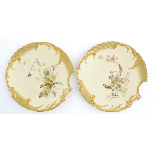 88 - Two Royal Worcester blush ivory cabinet plates, decorated with flowers, butterflies and insects. Bot... 