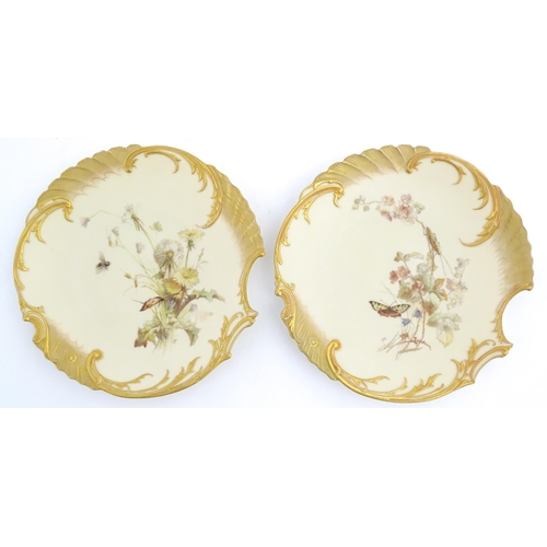 88 - Two Royal Worcester blush ivory cabinet plates, decorated with flowers, butterflies and insects. Bot... 