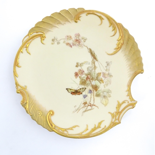 88 - Two Royal Worcester blush ivory cabinet plates, decorated with flowers, butterflies and insects. Bot... 