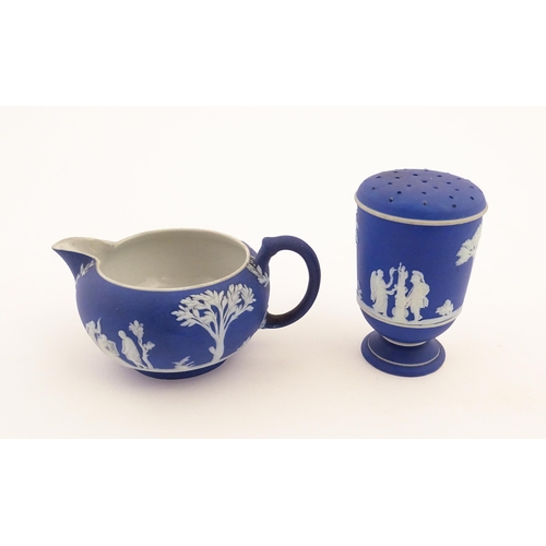 94 - A quantity of Wedgwood dark blue jasperware tea wares with applied white Classical figures and motif... 