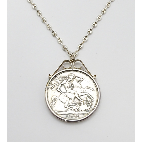 768 - Coin : A 1902 silver crown coin in captive mount on silver chain. Pendant approx. 1 1/2