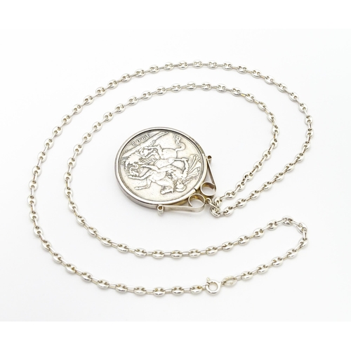 768 - Coin : A 1902 silver crown coin in captive mount on silver chain. Pendant approx. 1 1/2