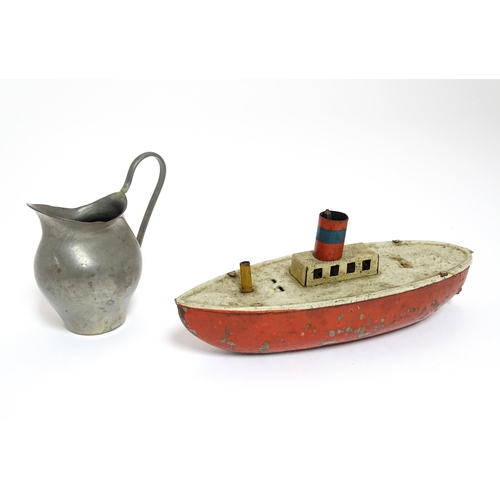 863 - Toys: A quantity of assorted vintage toys to include a scratch built wooden model of a boat, a tinpl... 