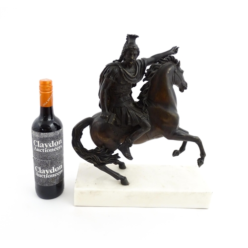 1024 - A bronze sculpture modelled as a Roman soldier on horseback. Mounted on a marble base. Approx. 16 1/... 