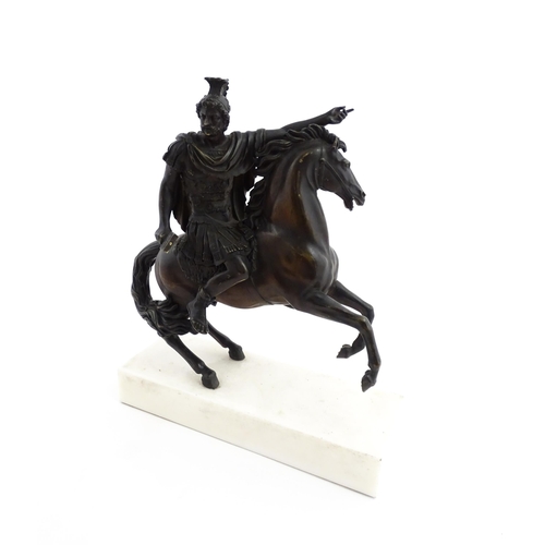 1024 - A bronze sculpture modelled as a Roman soldier on horseback. Mounted on a marble base. Approx. 16 1/... 