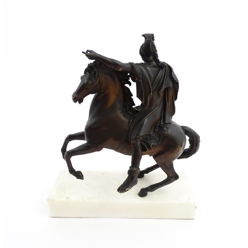 1024 - A bronze sculpture modelled as a Roman soldier on horseback. Mounted on a marble base. Approx. 16 1/... 