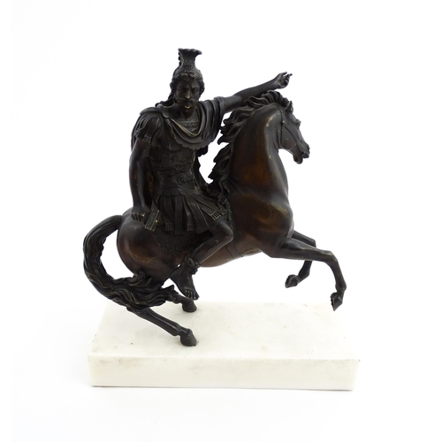 1024 - A bronze sculpture modelled as a Roman soldier on horseback. Mounted on a marble base. Approx. 16 1/... 