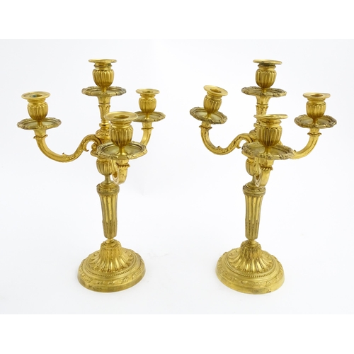 1025 - A pair of early 20thC French gilt bronze candelabra / candelabrum in the Louis XVI style, with three... 