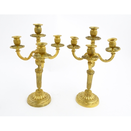 1025 - A pair of early 20thC French gilt bronze candelabra / candelabrum in the Louis XVI style, with three... 