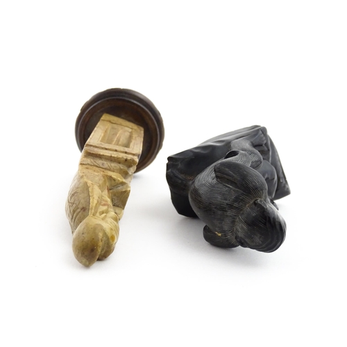 1028 - Two Chinese soapstone carvings, one modelled as a monkey, the other as a stylised sage / scholar fig... 