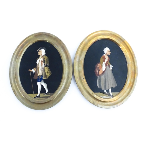 1062 - A pair of 19thC Italian pietra dura oval portrait plaques, each with specimen marble and hardstone i... 