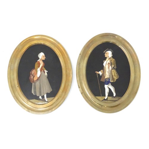 1062 - A pair of 19thC Italian pietra dura oval portrait plaques, each with specimen marble and hardstone i... 