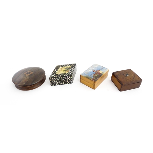 1065 - Nine early 20thC and later boxes to include a stamp box with naive depiction of a house to top, a sl... 