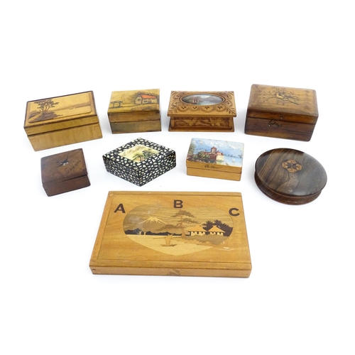 1065 - Nine early 20thC and later boxes to include a stamp box with naive depiction of a house to top, a sl... 