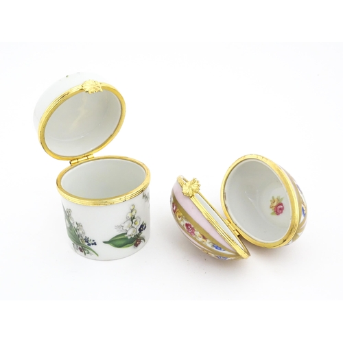 1210 - Two 20thC Limoges Dubarry porcelain boxes, one modelled as an egg with floral detail, the other of c... 