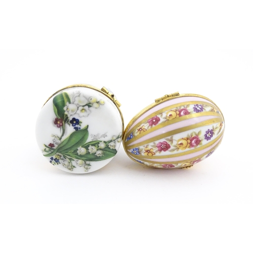 1210 - Two 20thC Limoges Dubarry porcelain boxes, one modelled as an egg with floral detail, the other of c... 