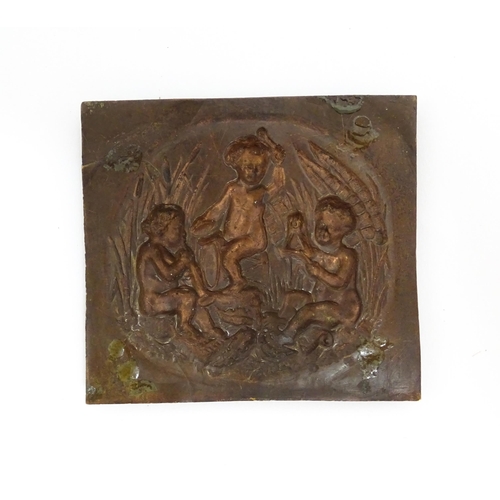 1213 - A small 19thC bronze plaque / mount depicting three putti / cherubs playing musical instruments amon... 