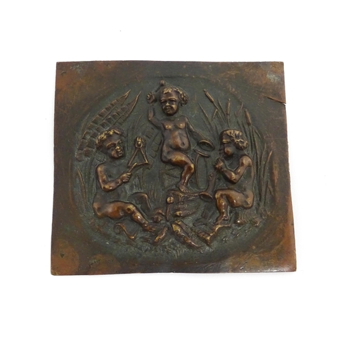 1213 - A small 19thC bronze plaque / mount depicting three putti / cherubs playing musical instruments amon... 