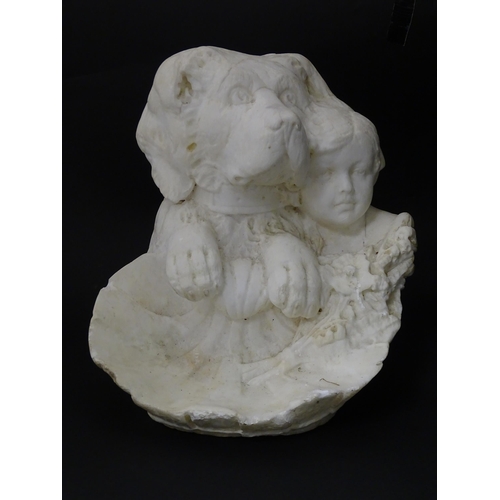 1229 - A 19thC carved alabaster sculpture depicting a dog and a young child. Indistinctly signed to reverse... 