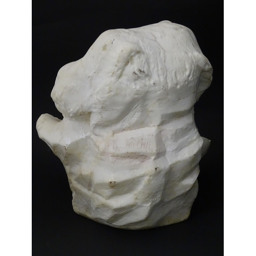 1229 - A 19thC carved alabaster sculpture depicting a dog and a young child. Indistinctly signed to reverse... 